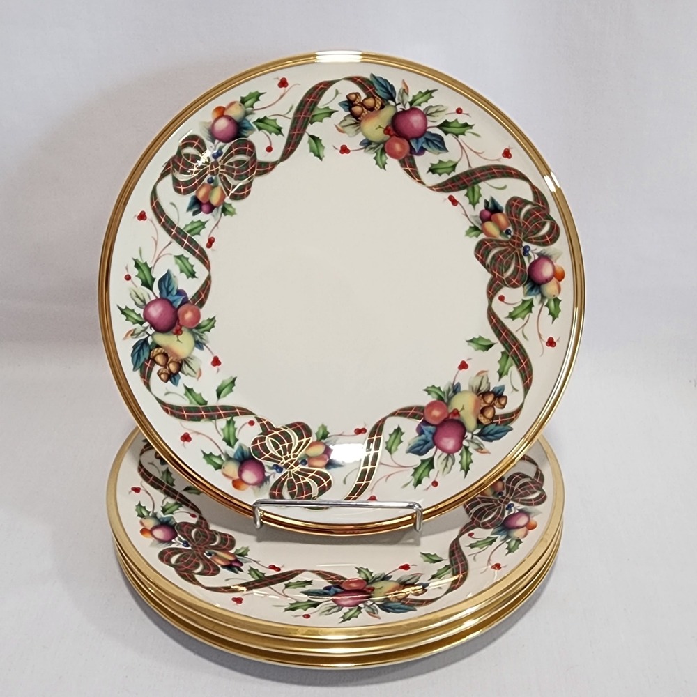 Set of 4 Lenox Holiday Tartan 8 1/4" Salad Plates Christmas Gold Rim Dimension